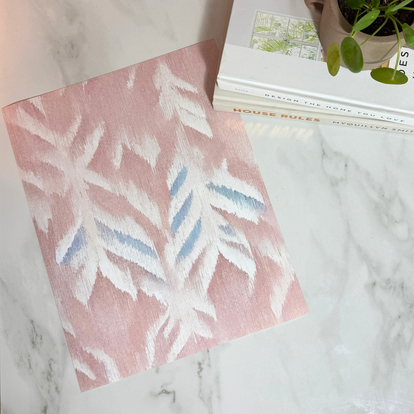 Blush Feather Ikat Art Print | 8x10 | 11x14 | Soft Boho Wall Art in Pink & Blue
