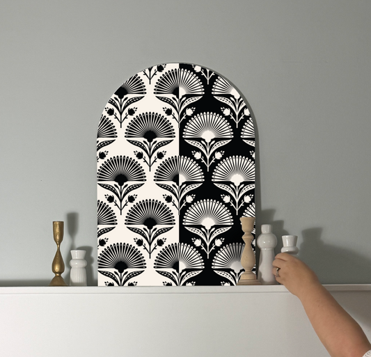 Black Fan Flower Split Arch Art | Bold Modern Floral Wall Decor