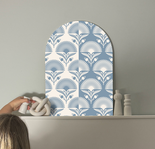 Blue Fan Flower Split Arch Art | Coastal Floral Wall Decor
