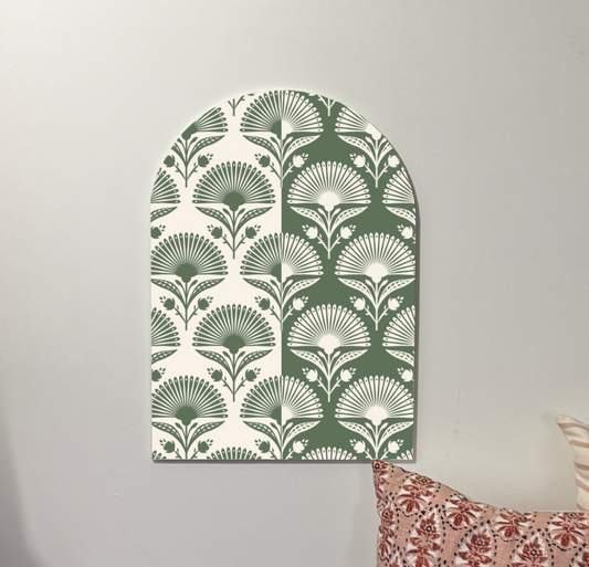 Green Fan Flower Split Arch Art | Bold Botanical Wall Decor