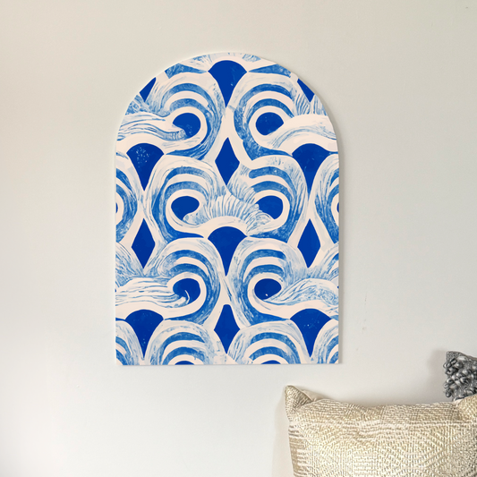 Blue Rhythm Arch Wall Art  | Organic Wave Pattern in Indigo + White | Modern Boho Panel