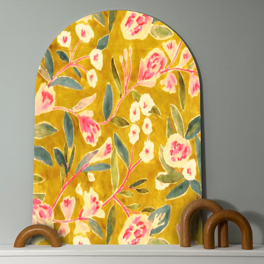 Golden Bloom Arch Wall Art  | Painterly Floral Panel in Mustard, Blush + Green