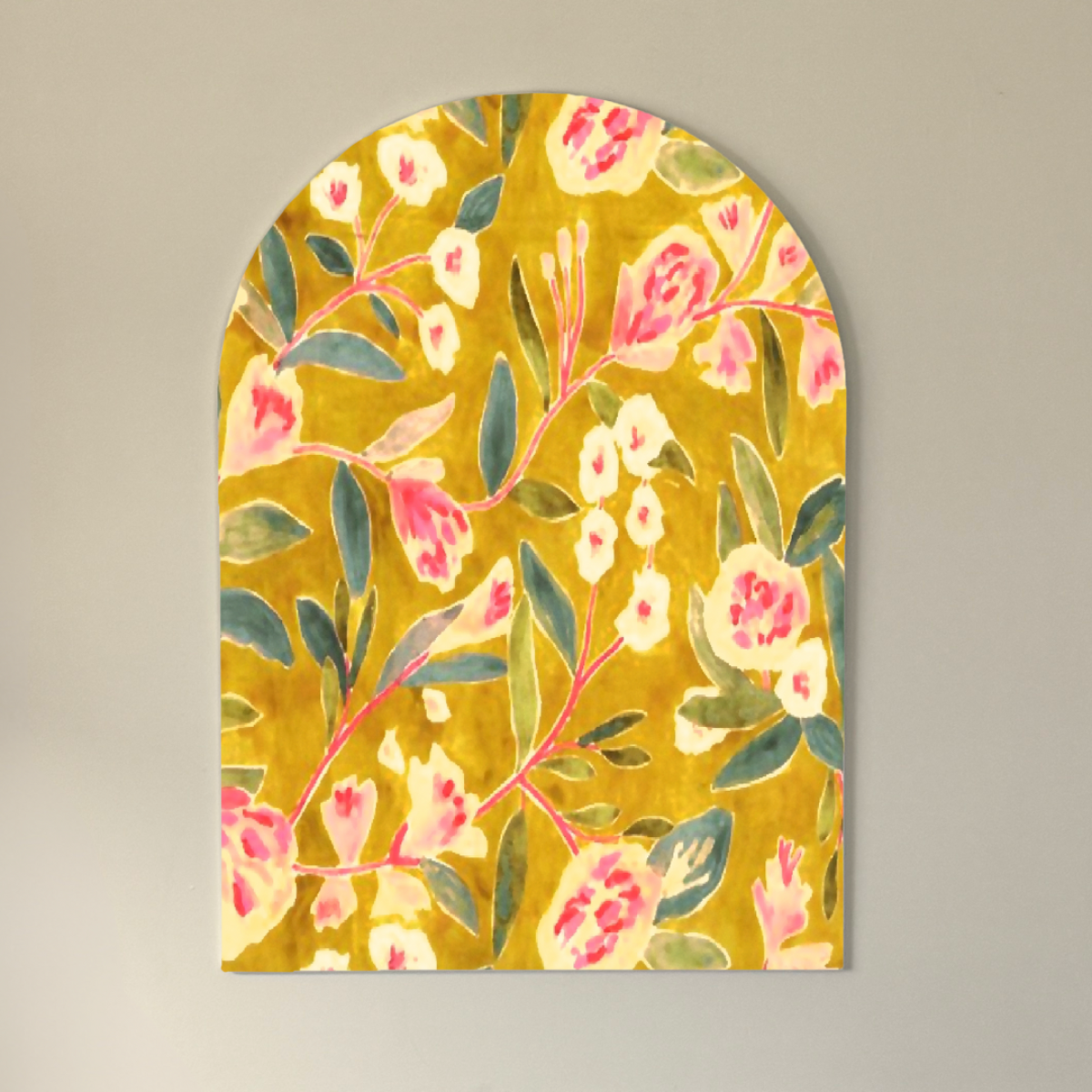 Golden Bloom Arch Wall Art | Painterly Floral Panel in Mustard, Blush + Green