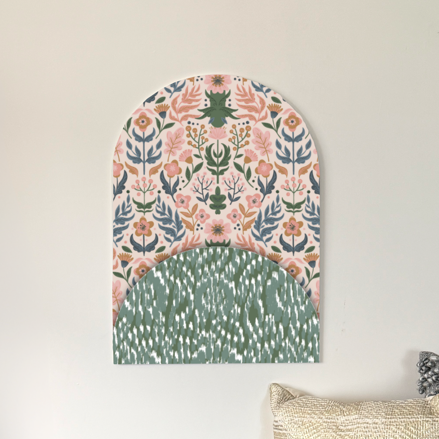 Botanical Layers Arch Wall Art – Floral & Green Ikat Decorative Panel