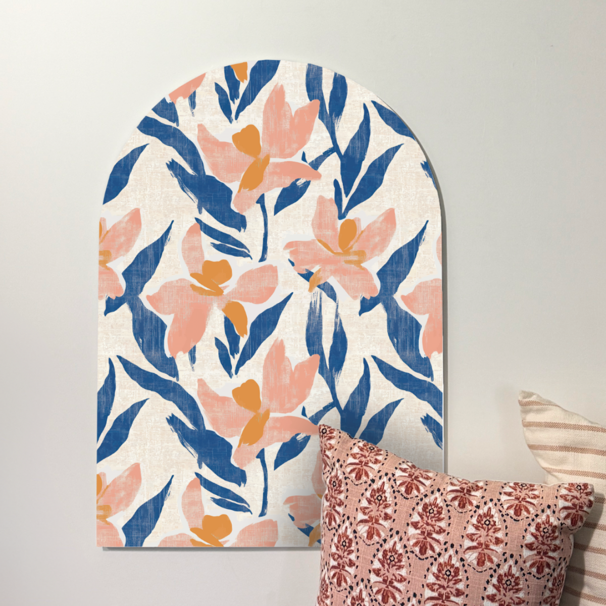 Blushing Botanica Modern Floral Arch Wall Art   Pink  Blue Botanical Print for a Warm Layered Look