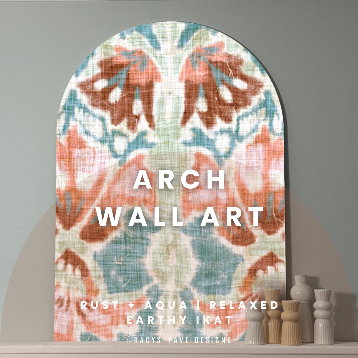 Desert Ikat Arch Wall Art | Earthy Abstract in Rust, Sage + Aqua | Boho Wall Panel