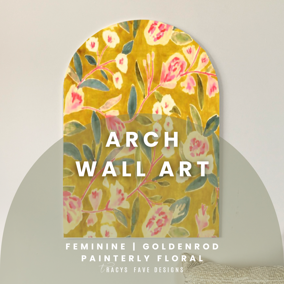 Golden Bloom Arch Wall Art | Painterly Floral Panel in Mustard, Blush + Green