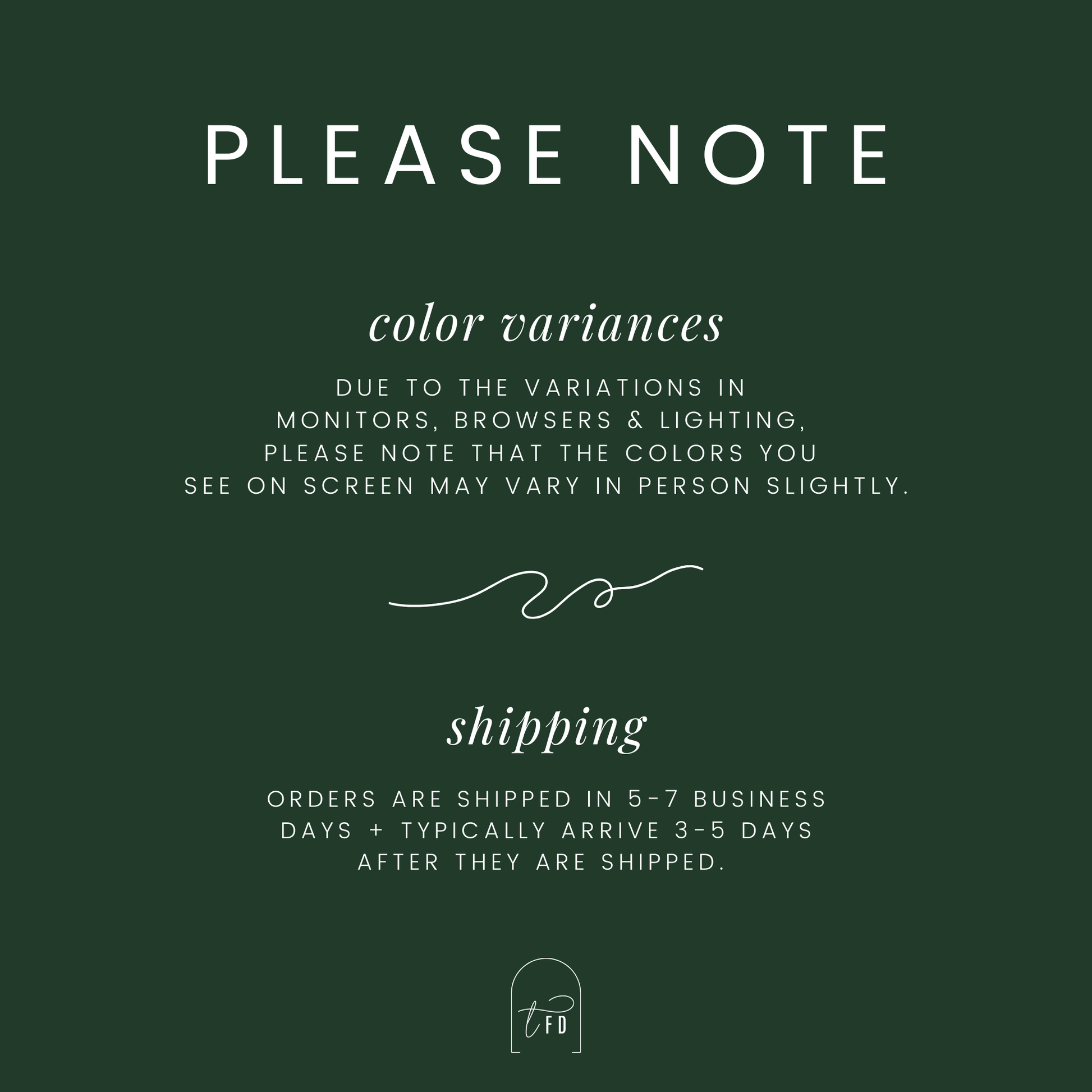 Text on a green background about color variances and shipping information.