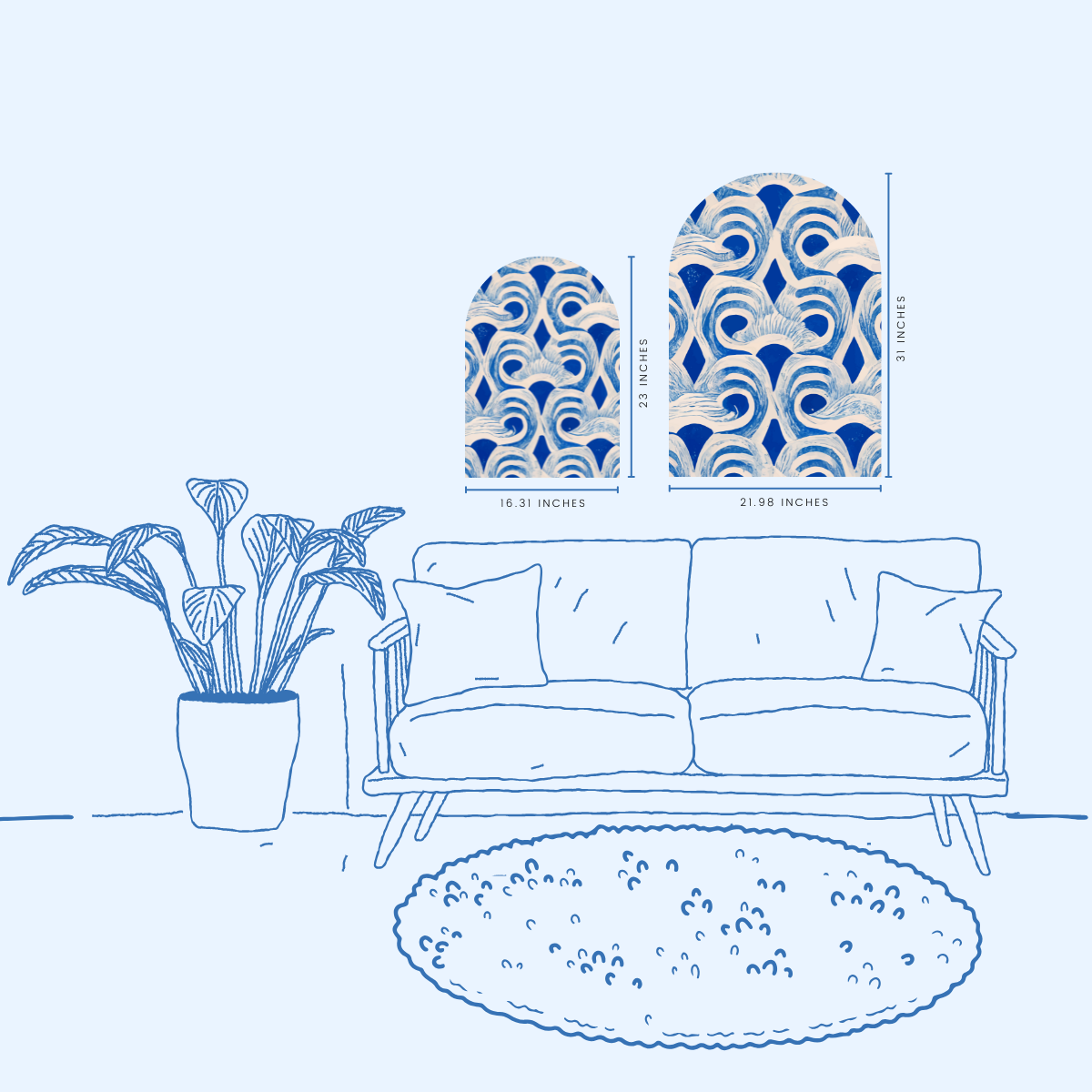 Blue Rhythm Arch Wall Art | Organic Wave Pattern in Indigo + White | Modern Boho Panel