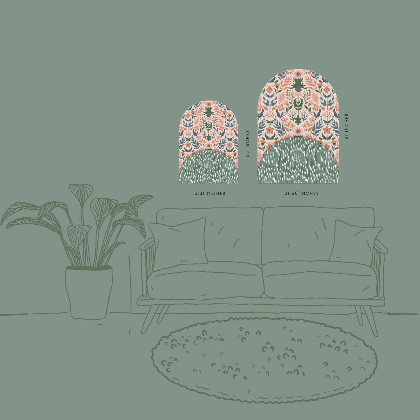 Botanical Layers Arch Wall Art – Floral & Green Ikat Decorative Panel