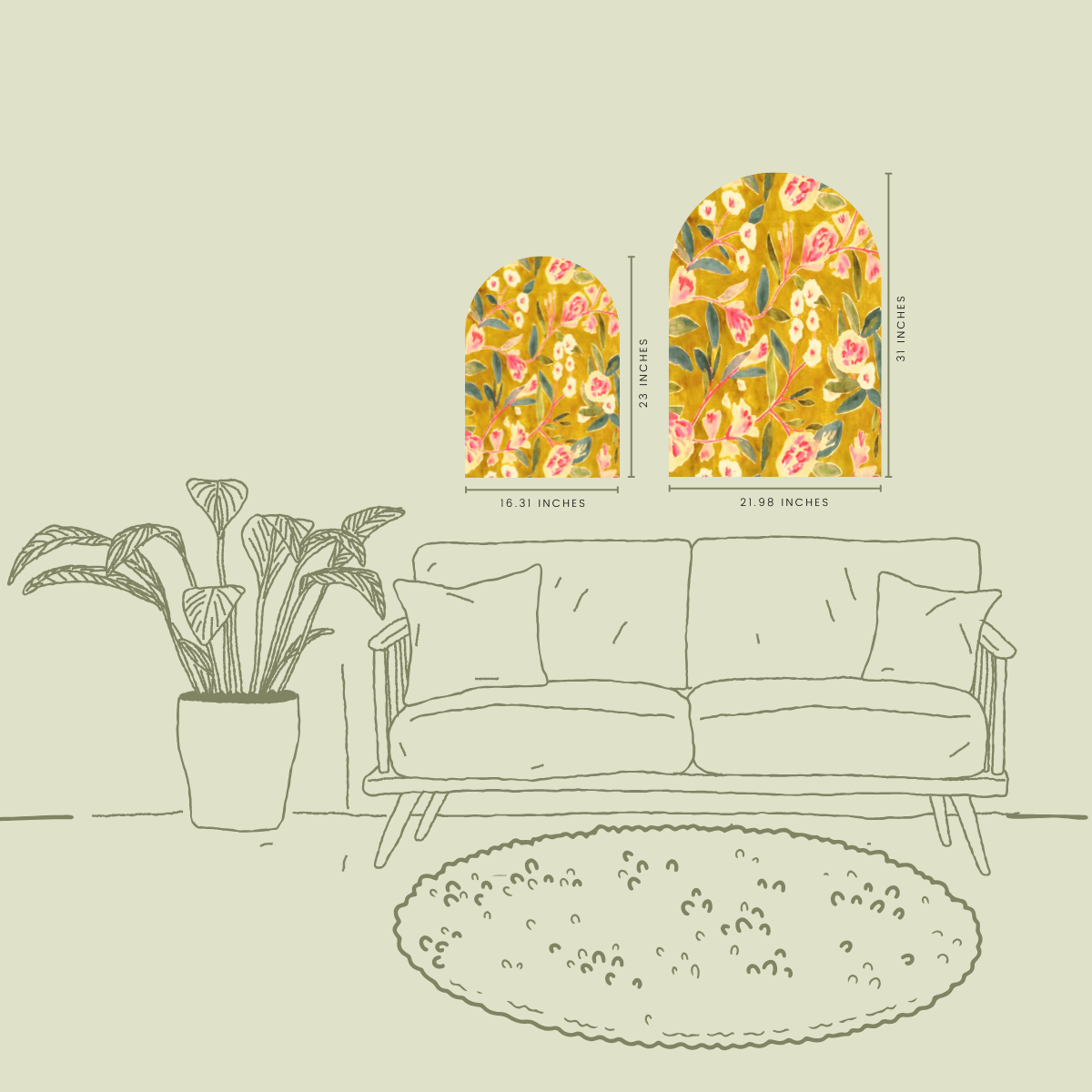 Golden Bloom Arch Wall Art | Painterly Floral Panel in Mustard, Blush + Green