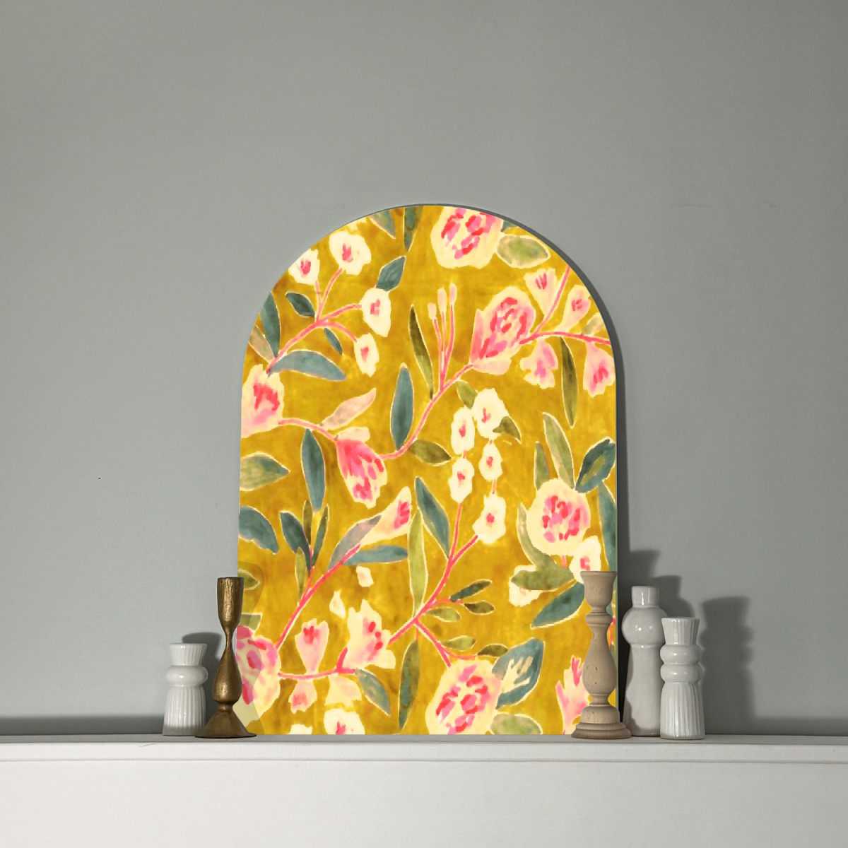 Golden Bloom Arch Wall Art | Painterly Floral Panel in Mustard, Blush + Green