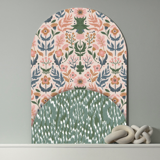 Botanical Layers Arch Wall Art – Floral & Green Ikat Decorative Panel