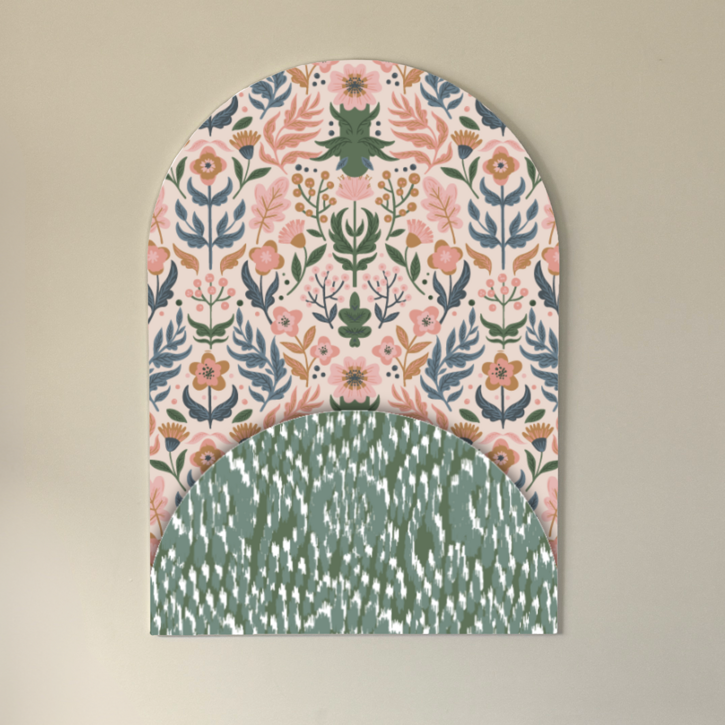 Botanical Layers Arch Wall Art – Floral & Green Ikat Decorative Panel