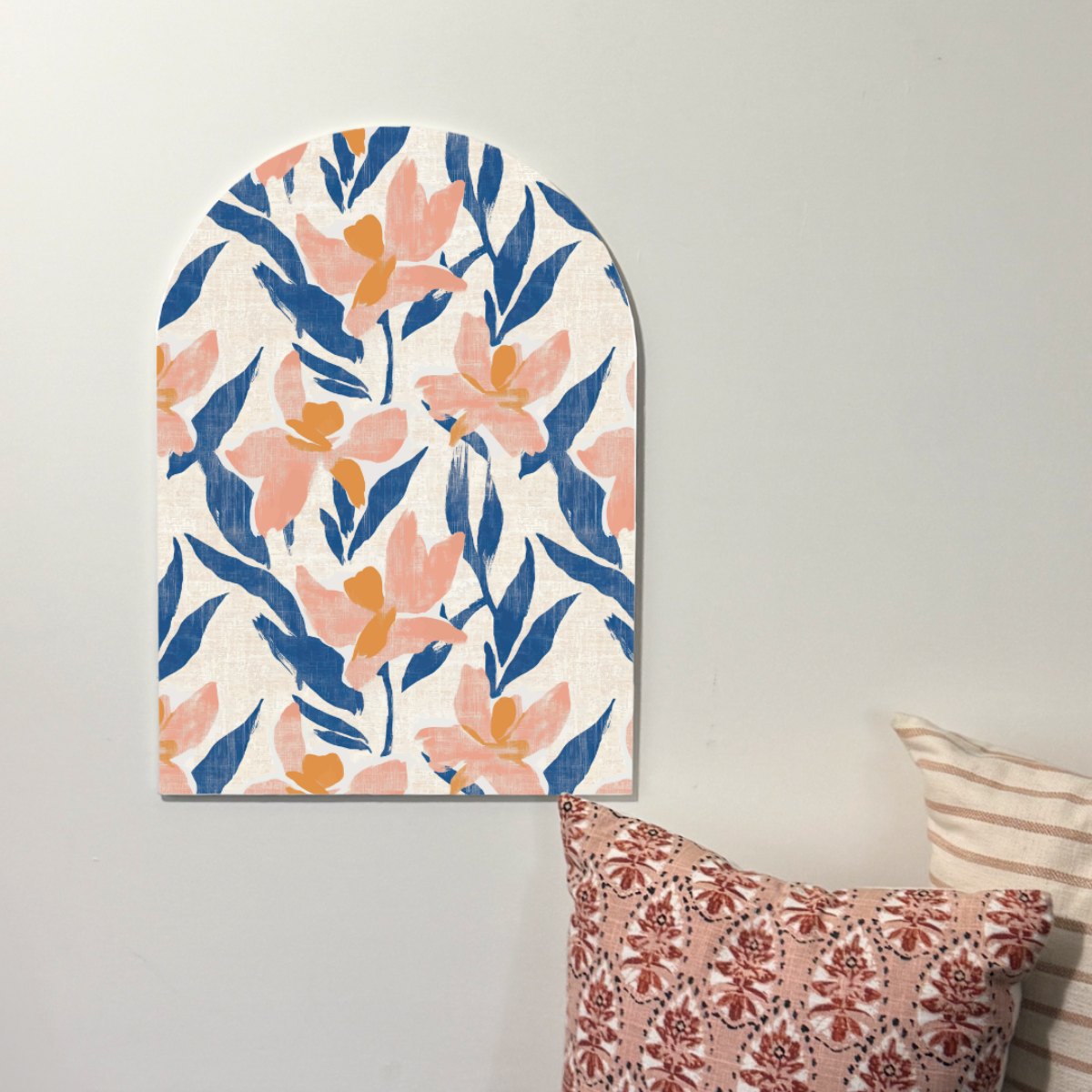Blushing Botanica Modern Floral Arch Wall Art   Pink  Blue Botanical Print for a Warm Layered Look
