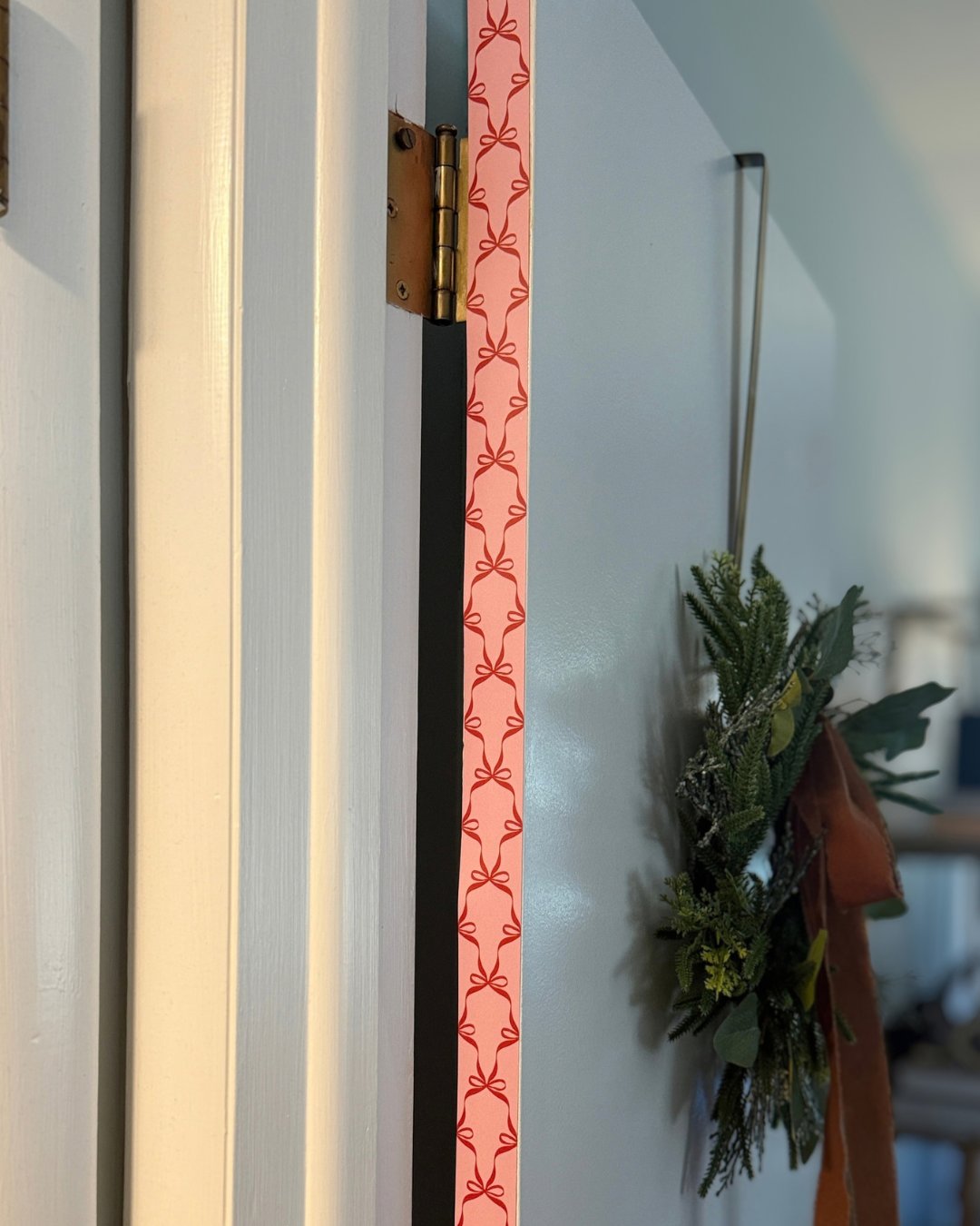 Bow Tied Holiday Door Detail Strip | Peel and Stick Christmas Door Accent | Red Pink Bow Door Trim