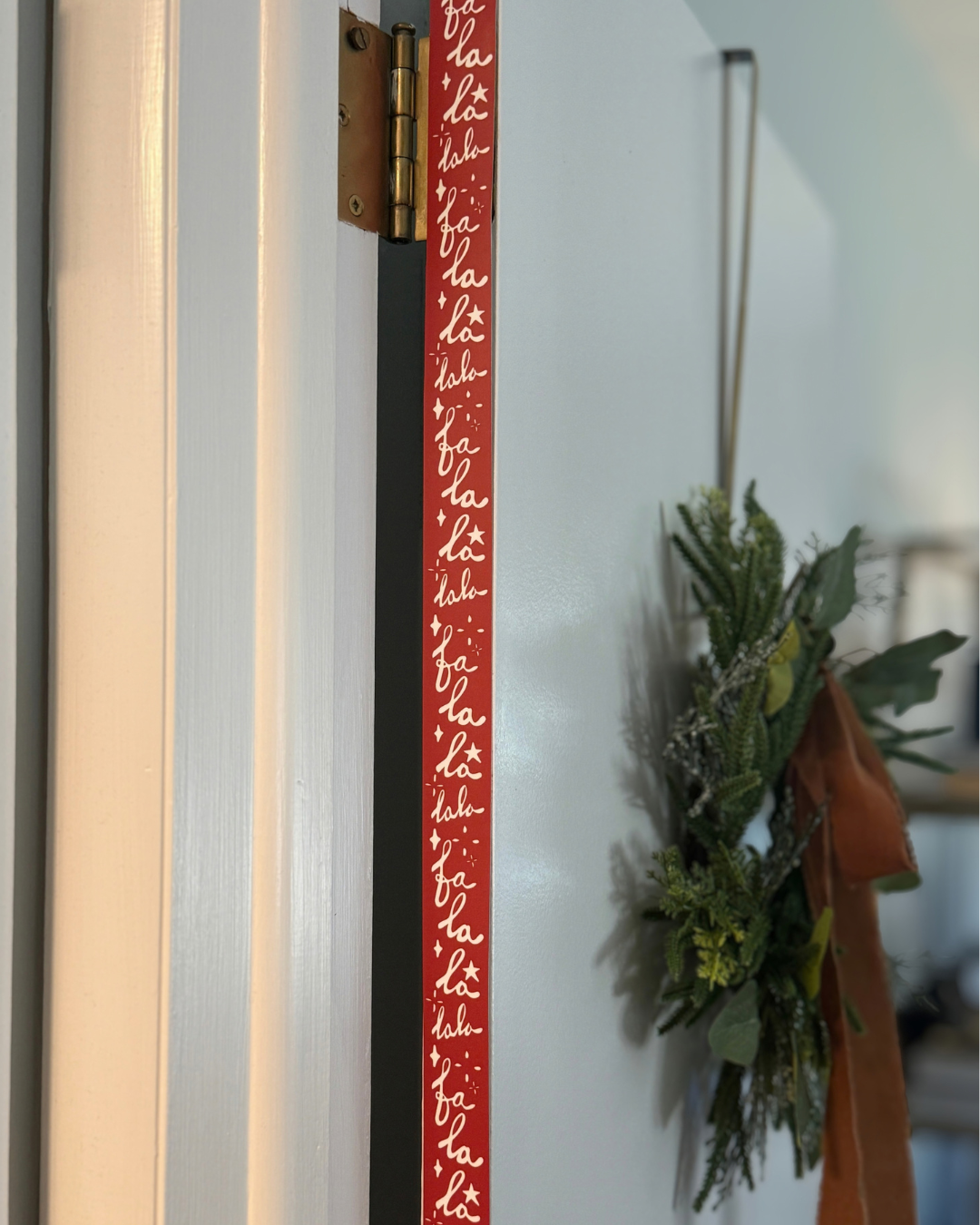 Fa La La Holiday Door Detail Strip | Peel and Stick Christmas Door Accent | Red White Door Trim