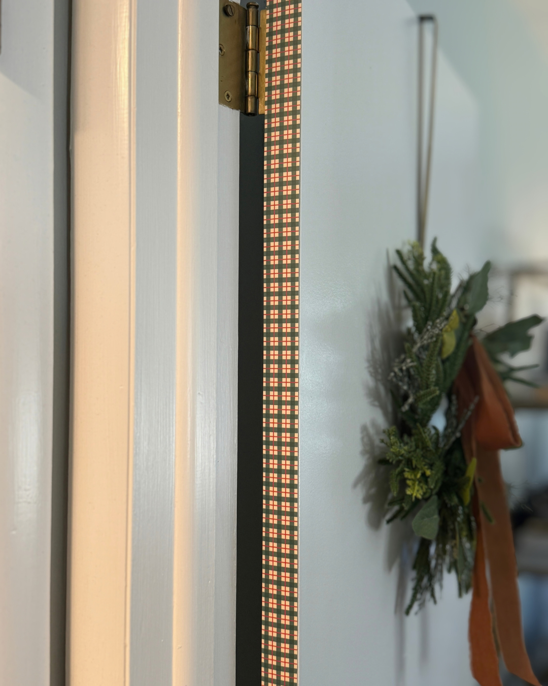 Good Tidings Holiday Door Detail Strip | Peel and Stick Christmas Door Accent | Red Green Plaid Door Trim