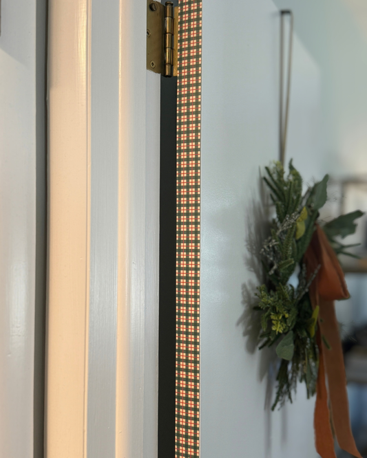 Good Tidings Holiday Door Detail Strip | Peel and Stick Christmas Door Accent | Red Green Plaid Door Trim
