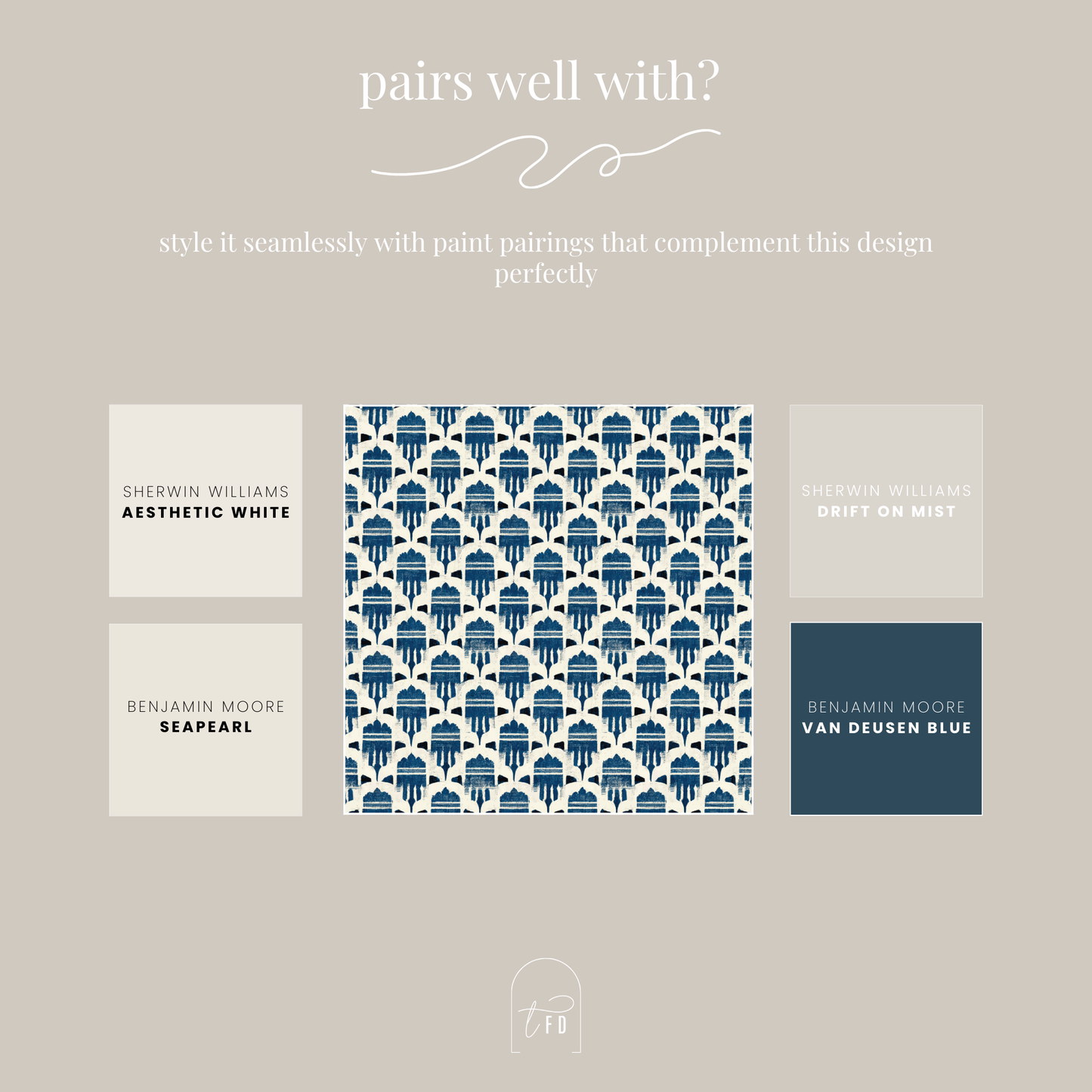 Indigo Atelier Wallpaper | Blue Peel and Stick Wallpaper with Hand Painted Motif | Luxury Removable Vinyl Wall Covering