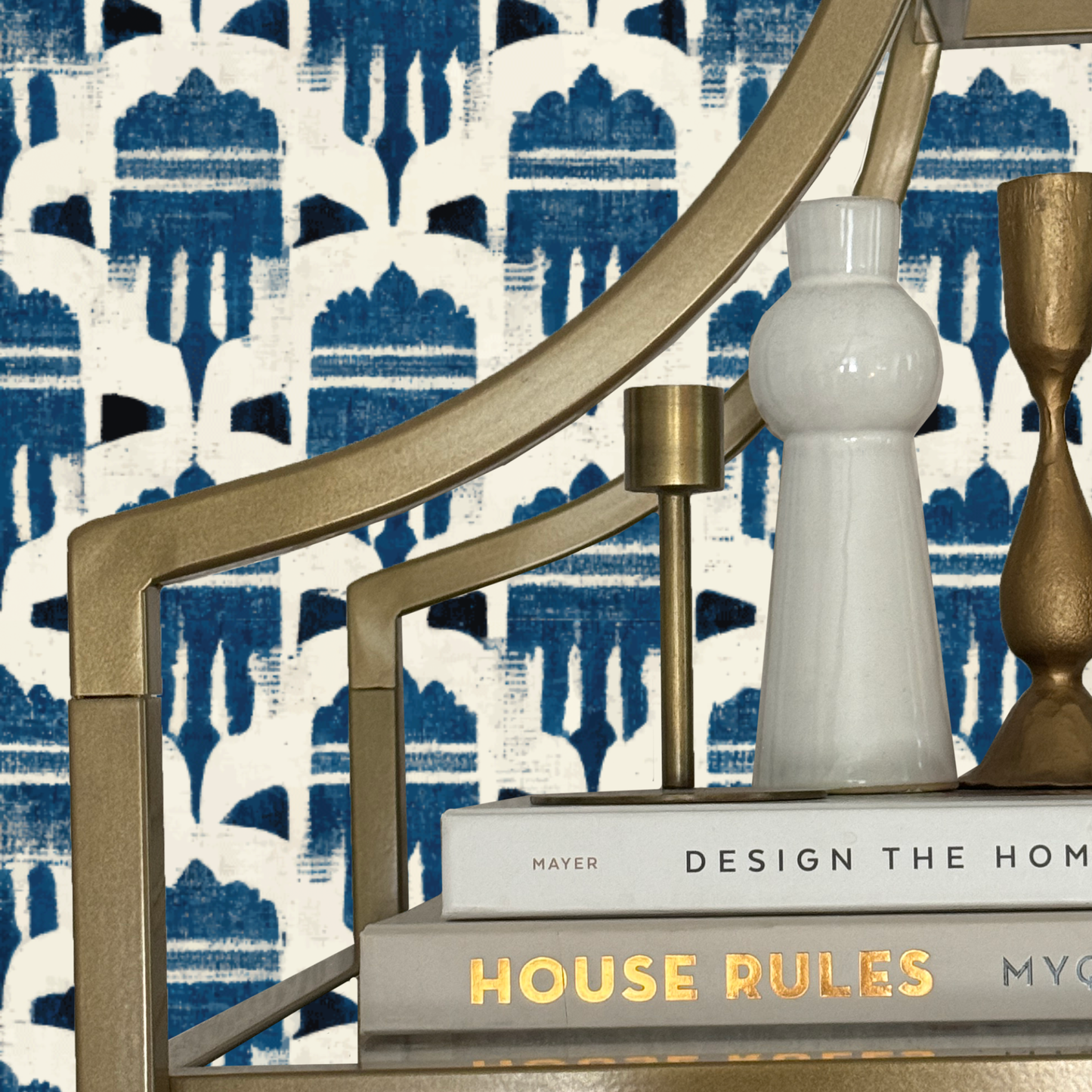 Indigo Atelier Wallpaper | Blue Peel and Stick Wallpaper with Hand Painted Motif | Luxury Removable Vinyl Wall Covering