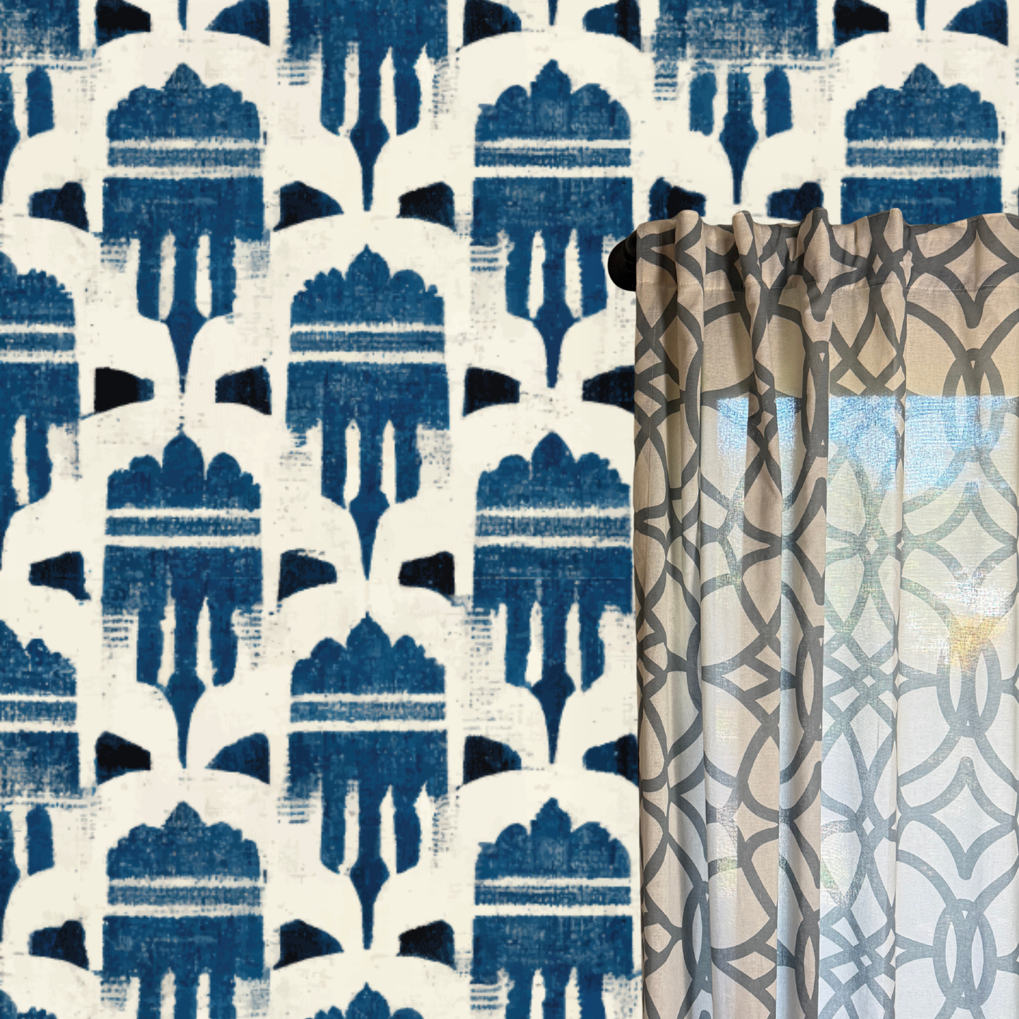 Indigo Atelier Wallpaper | Blue Peel and Stick Wallpaper with Hand Painted Motif | Luxury Removable Vinyl Wall Covering