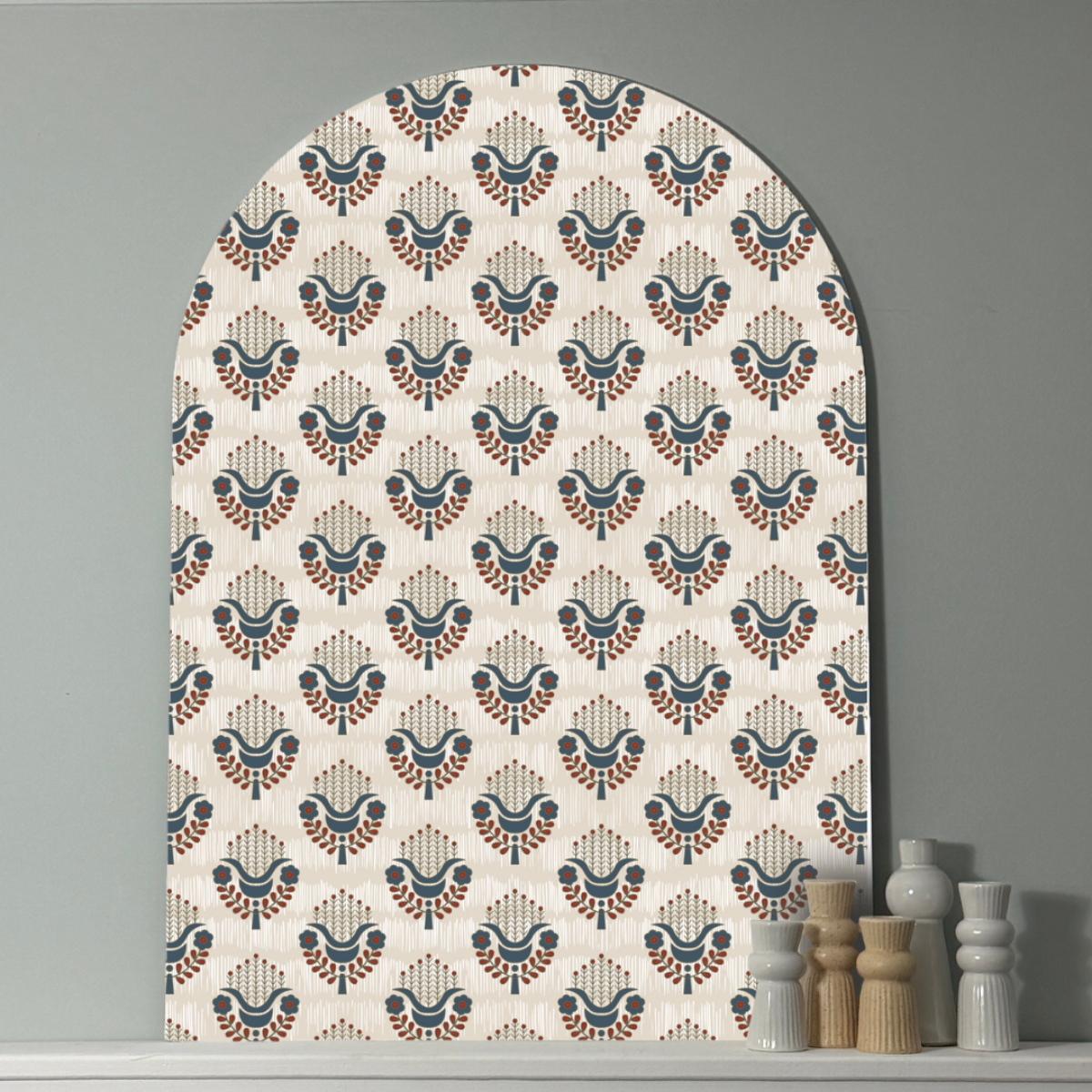 Modern Boho Arch Wall Art  | Rust & Navy Geometric Floral Pattern | Scandinavian-Inspired Wall Decor on EPVC Panel | Pattern Wall Accent