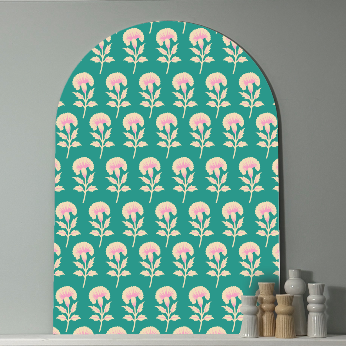 Sea Stamped Bloom | Teal Floral Wall Art  | Modern Block Print Inspired Design