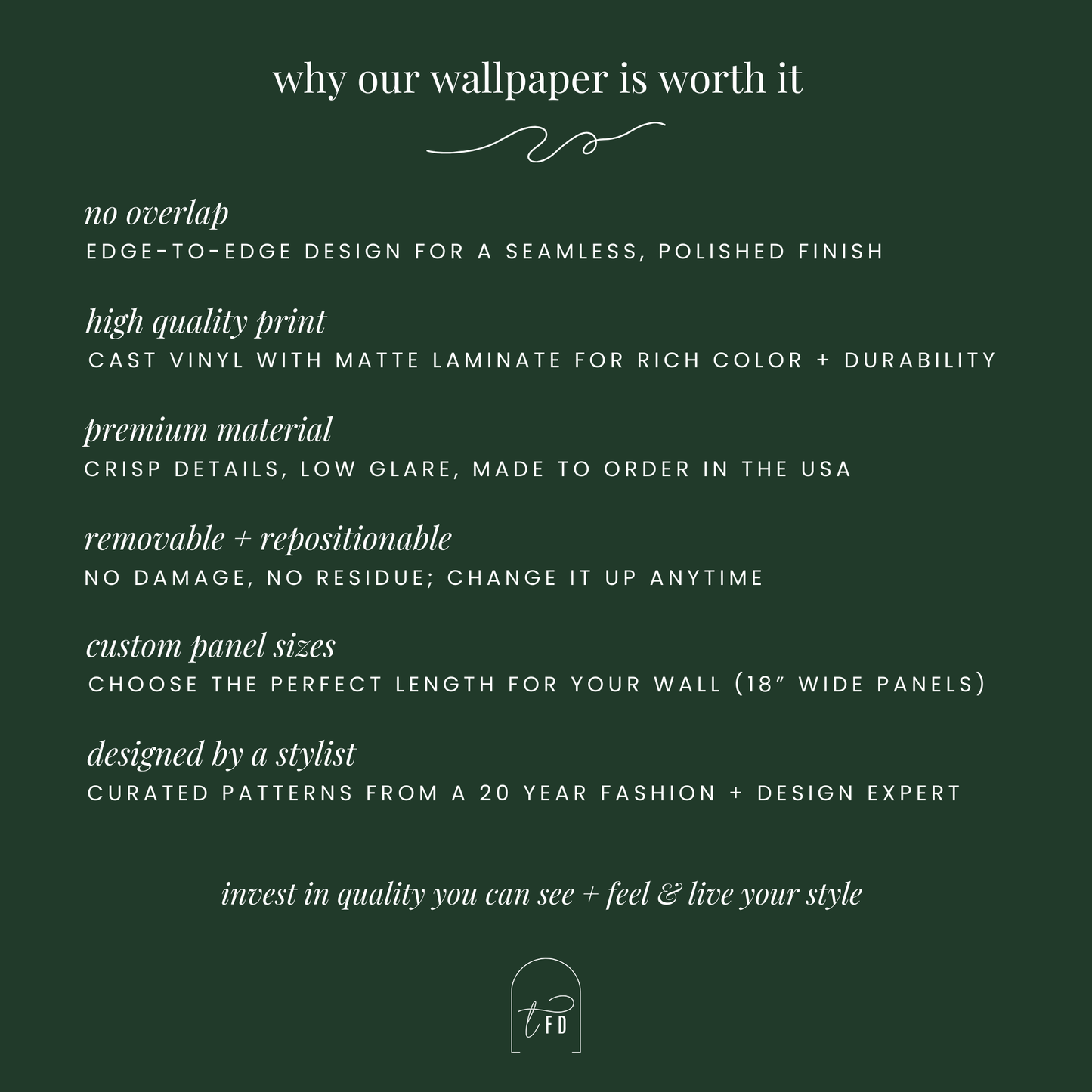 List of features for a wallpaper product on a green background